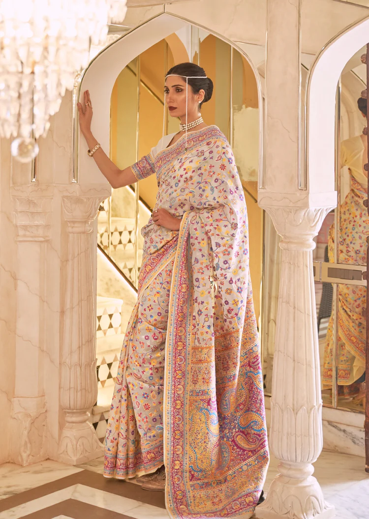 Kashmiri Jamawar Silk Off White Pashmina Saree